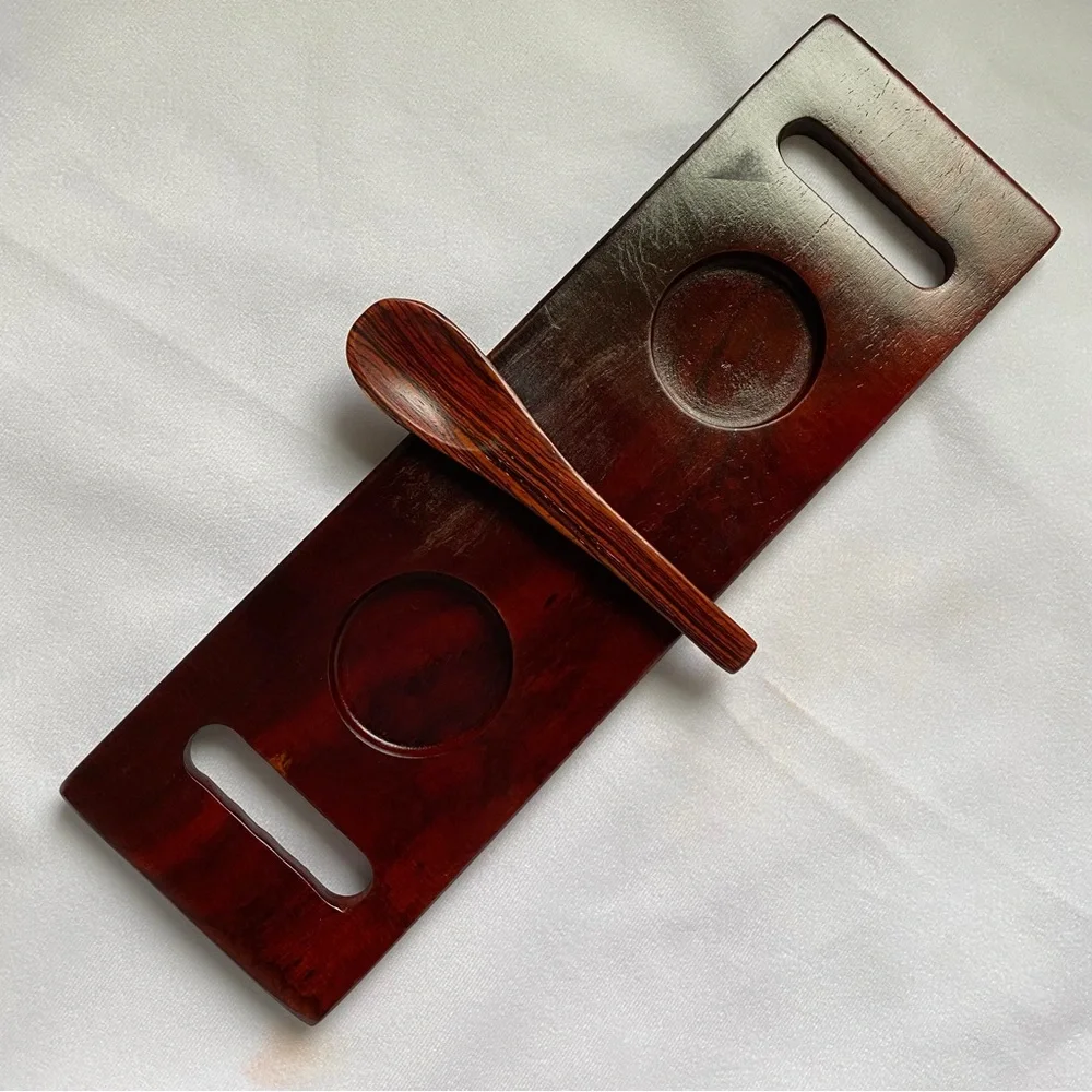 Vintage Wooden Double Bowl Set with Spoon - Rich Brown and Natural Wood Trim